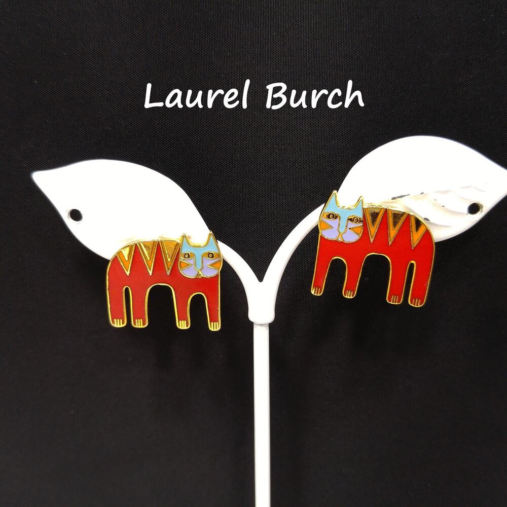 Vintage Laurel Burch Red Cat Post Earrings, Gold Plated Enamel